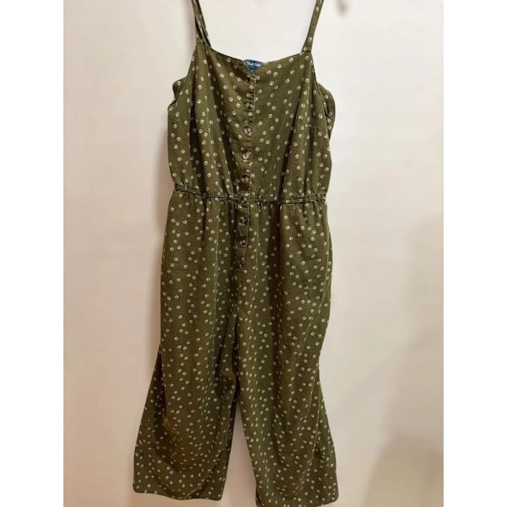 ModCloth 1X Olive Green Peace Sign Linen Blend Jumpsuit Retro Boho